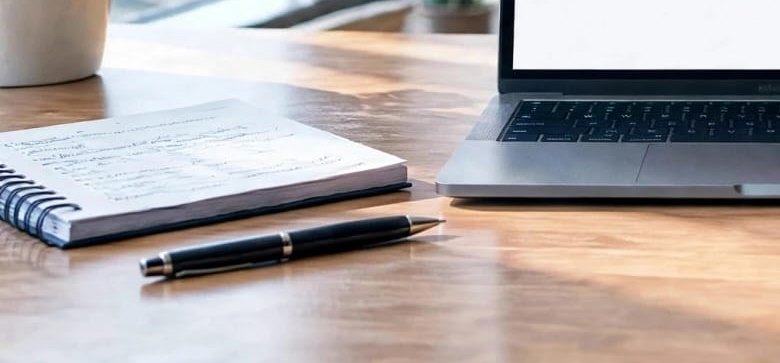 Manos sobre el teclado de un portátil, junto a un cuaderno y un bolígrafo
